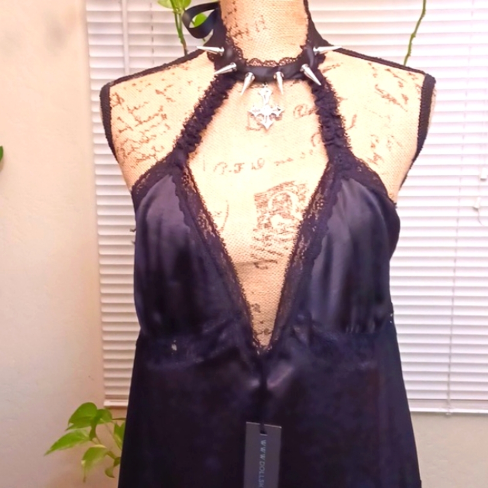 DOLLSKILL WIDOW 1X INK AND IRON MAXI DRESS BLACK SATIN SPIKES/CROSS SATIN